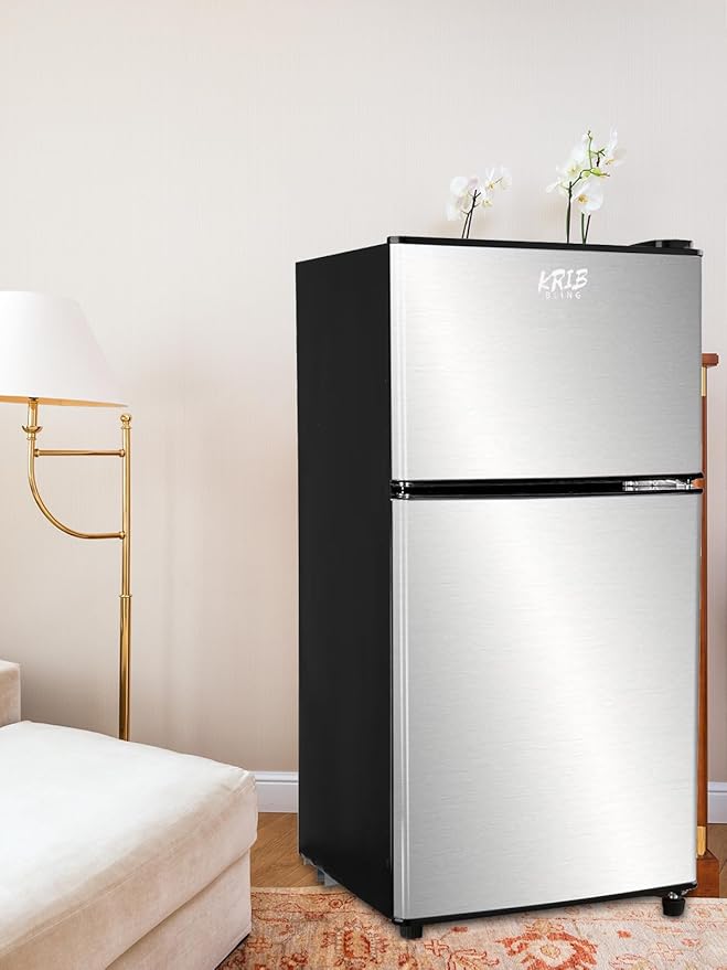 KRIB BLING Mini Fridge, 3.5 Cu.Ft Compact Refrigerator Small Refrigerator 7 Level Adjustable Thermostat Removable Shelves with Stainless Steel 2 door for Office Dorm Apartment Silver