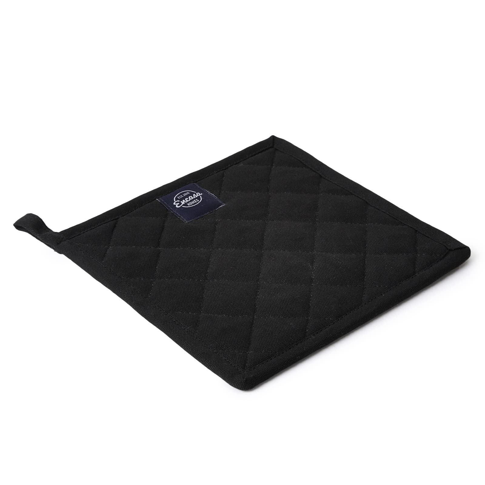 Encasa XO Heat Resistant Cotton Pot Holders with Hanging Loop - Set of 2 - Full Black - Multipurpose Quilted Everyday Hot Pad for Kitchen, Camping, BBQ & Microwave - 8x8 in