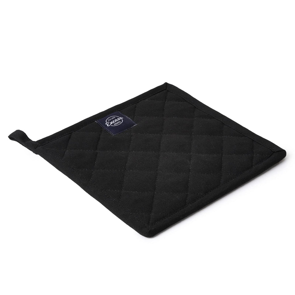 Encasa XO Heat Resistant Cotton Pot Holders with Hanging Loop - Set of 2 - Full Black - Multipurpose Quilted Everyday Hot Pad for Kitchen, Camping, BBQ & Microwave - 8x8 in