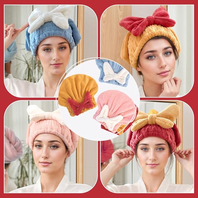 2PCS Microfiber Hair Drying Caps, Christmas Absorbent Hair Towel Wrap for Women Wet Hair Quick-Drying Hair Towels, Soft Bow Tie Wet Hair Towel Wrap for Party Favors Goody Bag Filler (Pink+Blue)