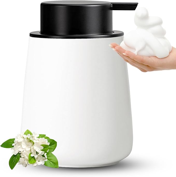 AZMOYAC Foaming Soap Dispenser - 12 OZ White Ceramic Foam Soap Dispenser for Bathroom, Hand Wash Dispenser Bottle with Black Foaming Pump, Refillable Dish Dispenser Kitchen