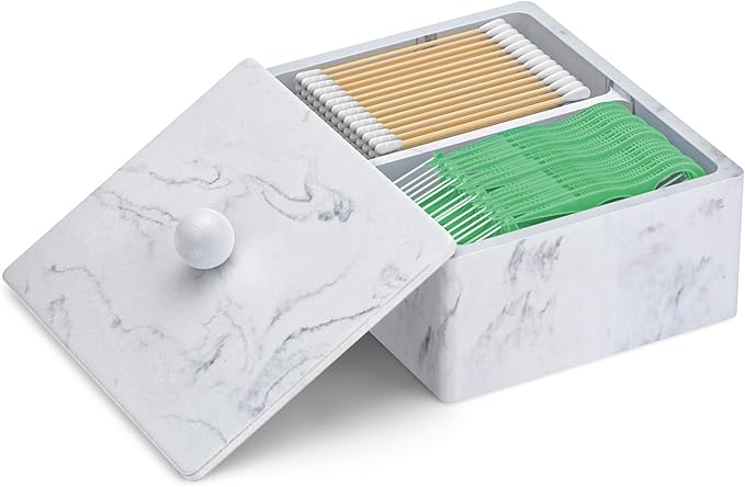 PENGARO Cotton Swab Holder, 16 OZ Qtip Holder Dispenser with Lid, 2 Compartments Cotton Ball Buds Bathroom Organizers Storage Bin Floss Dispenser Vanity Cosmetics, White