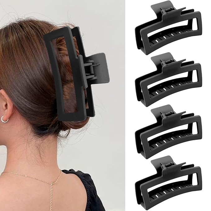 ZYTJ 5 Inche Black Extra Large Claw Clips for Thick Hair and Long Hair, 4 Pack Xl Jumbo Claw clips, Oversized Matte Non-slip Rectangle Hair Clips for Women, Big Strong Hold Jaw Clip