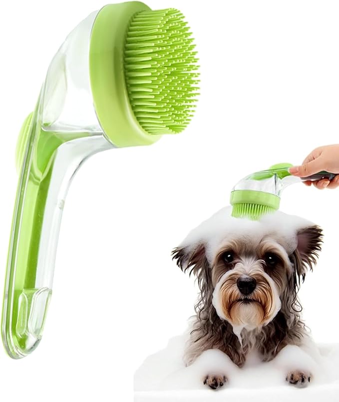 Dog Bath Brush, 2 in 1 Pet Grooming Bath Massage Brush with Soap and Shampoo Dispenser Soft Silicone Bristle Dog Scrubber for Long Short Haired Dogs Cats Shower-Green