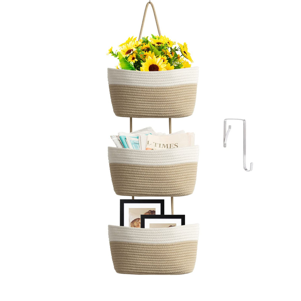 TeoKJ Over the Door Hanging Basket, 3-Tier Woven Cotton Wall-Mounted Storage Organizer Bag Decorative Hanging Nursery Baskets, White & Jute