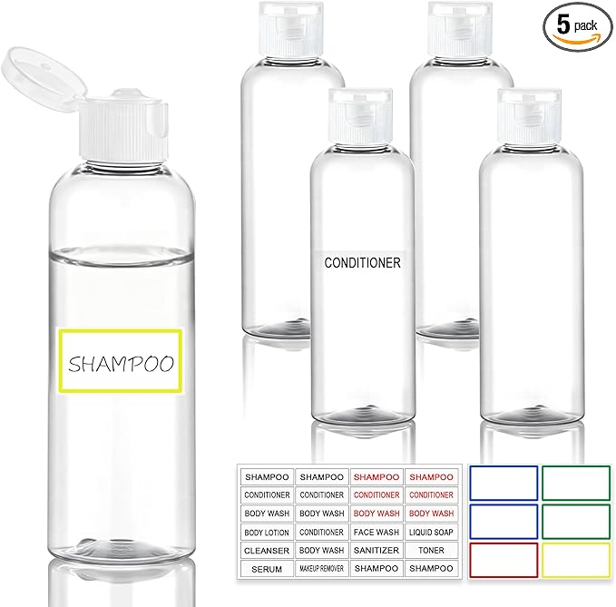 Pfesuqo 5 Pack 3.4 oz Travel Bottles for Toiletries, TSA Approved Leak Proof Refillable Travel Size Containers, Clear Plastic Shampoo Bottles for Lotion Conditioner