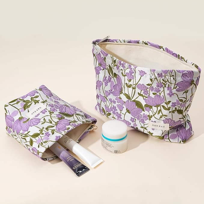 BOCGRPU 2 PCS Makeup Bag Small Cute Makeup Pouch Floral Cosmetic Bag for Women，Soft Toiletry Bag Pouch for Purse，Embroidery Craft Makeup Bag with Zipper（Purple Flower）