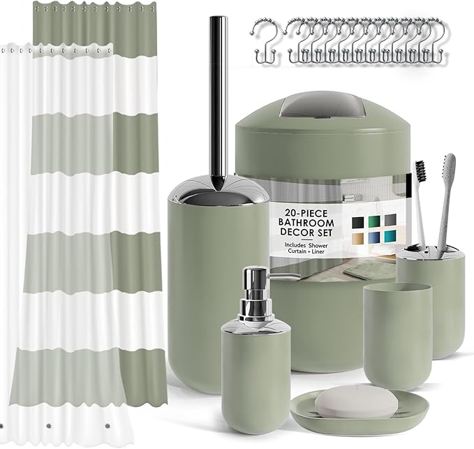 Clara Clark Bathroom Accessories Set - 23PC Shower Curtain Set with Bathroom Trash Can, Green Bathroom Set, Bathroom Sets with Shower Curtain and Green Rugs