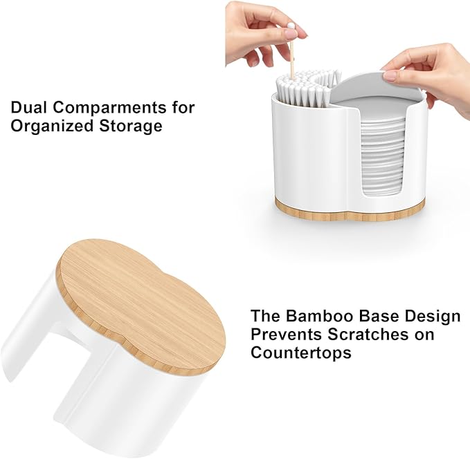 PENGARO Cotton Pad and Swab Holder, Q tip Holder Round Cotton Pad Dispenser Plastic Cotton Swabs Dispenser, Bathroom Accessories Storage Organizer for Cotton Pads Floss Picks, White