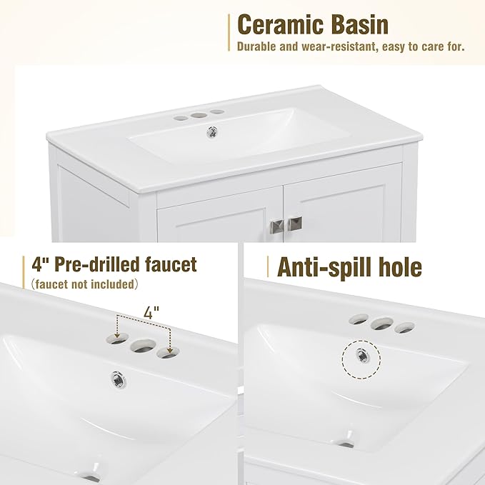 Bellemave 30" Bathroom Vanity with Sink Combo Set, Solid Wood Frame Bathroom Storage Cabinet with a Drawer, 2 Soft Closing Cabinet Doors with Organizer, White