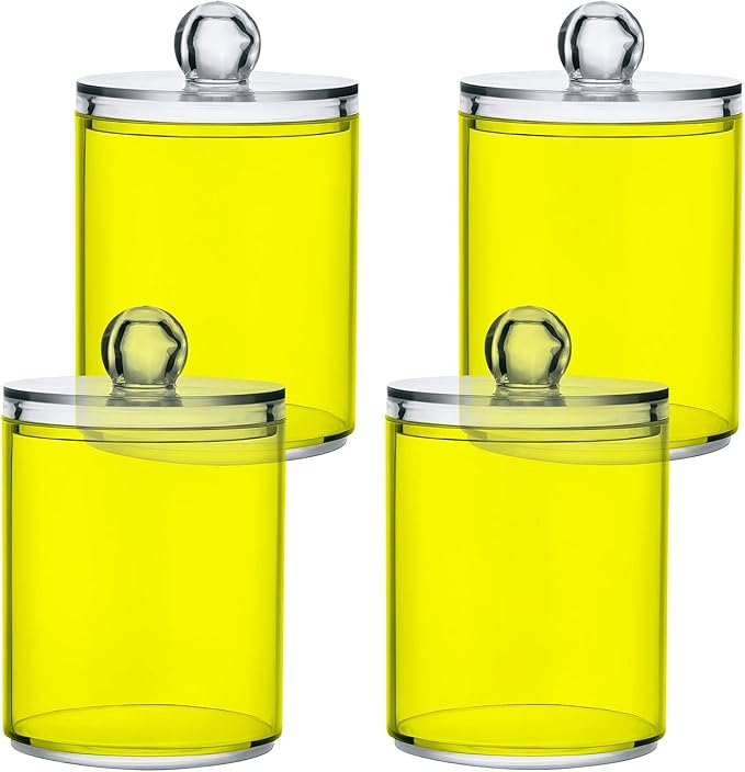 Yellow Qtip Holder Organizer Dispenser Cotton Swabs Cans Plastic Jars with Lid Set 4 Pack Bathroom Storage Canister for Cotton Ball Floss Cotton Pads