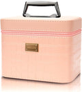 Sluxa Fashion makeup box, Portable leather hard cosmetic case with mirror, Professional train case make up box for women adults. (Pink)
