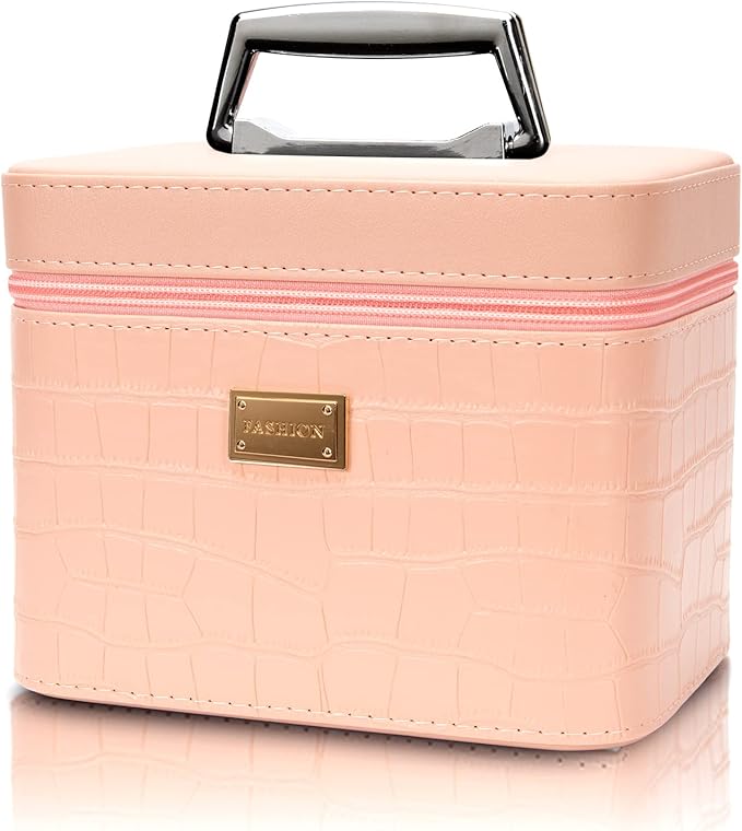 Sluxa Fashion makeup box, Portable leather hard cosmetic case with mirror, Professional train case make up box for women adults. (Pink)