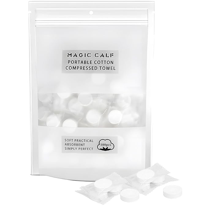 Classycoo Compressed Towel 100 PCS Mini Tablets Disposable Portable Face Towel Cotton Coin Tissue for Travel, Camping, Hiking, Sport, Beauty Salon, Home Hand Wipes and Other Outdoor Activities (White)