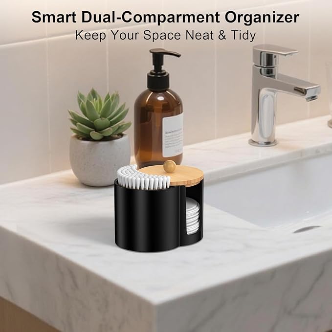 PENGARO Cotton Pad Swab Holder, Q tip Holder Round Makeup Pads Dispenser Small Plastic Swabs Dispenser with Lid, Bathroom Accessories Storage Organizer for Floss Picks, Black