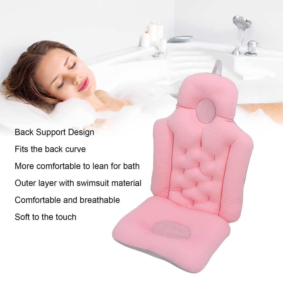 Natudeco Bathtub Cushion Bathtub Pillow Soft Breathable Folding Headrest Back Support Bath Pillow Cushion for Adults Spa(Pink)