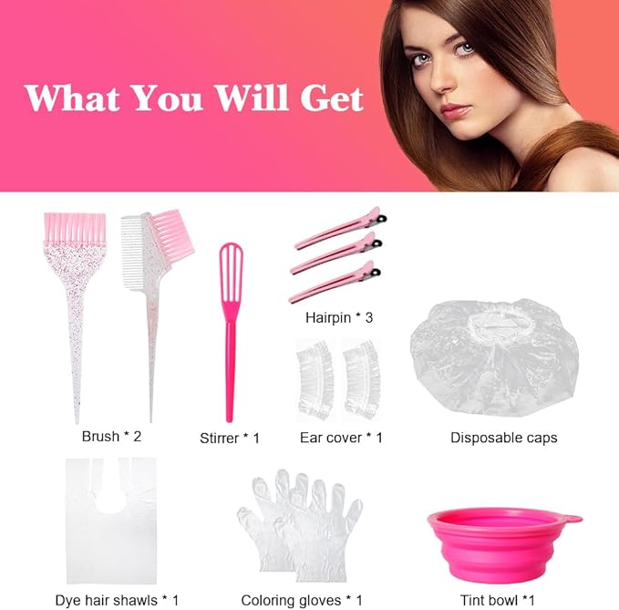 MOONMINI Hair Dye Color Brush and Bowl Set, Color Bowl Brushes Tool Mixing Bowl Kit Tint Comb for Hair Tint Dying Coloring Applicator (Pinky&Clear)