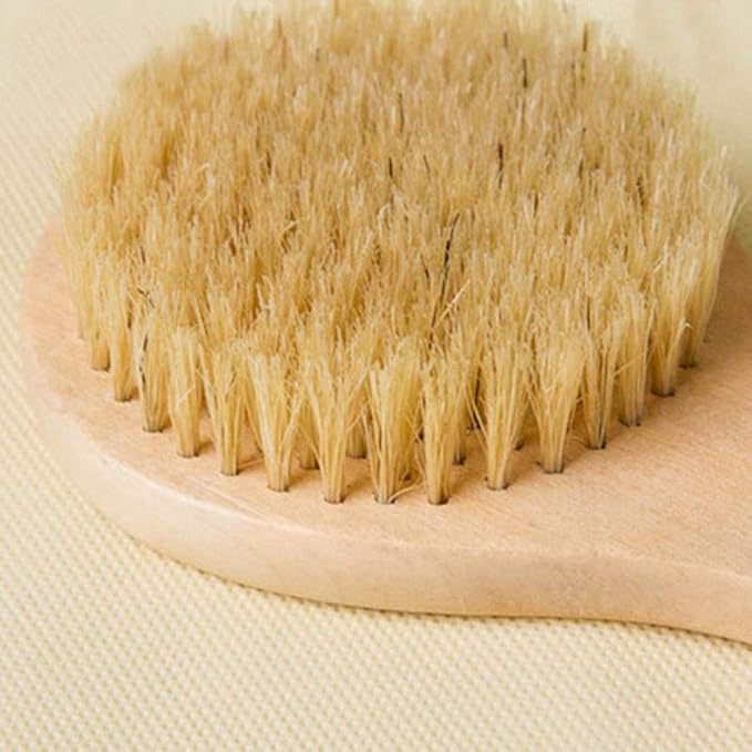 HiKin Dry Bath Body Brush Back Scrubber 9.84", Short Handle Natural Bristles Bath & Shower Brush with Anti-Slip Wooden Handle, Perfect for Exfoliating/Blood Circulation/Detox and Cellulite, etc.