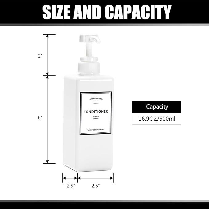 YACEYACE 16.9oz Set of 3 White Shower Dispensers with Labels, Refillable for Shampoo, Conditioner, Body Wash