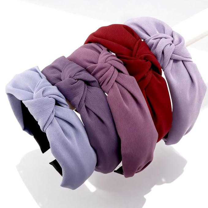AHONEY 5 Pack Purple Knotted Headbands for Women Trendy Fashion Thick Headbands Top Knot Non Slip Cute Hair Accessories Headband Pack Diademas Para Mujer