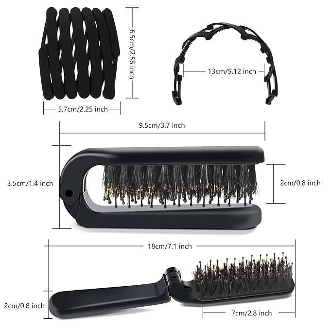 Aozzy 6Pcs Travel Boar Bristle Folding Hair Brush with Retractable Band for Thin/Thick Hair, Mini Brush for Women's Hairstyles, Men's Hair & Beard - Great for Purse/Pocket