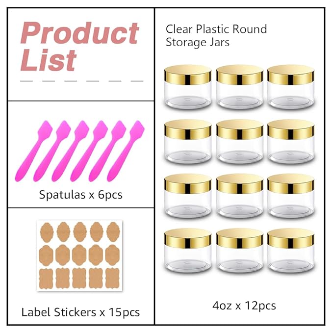12 Pack 4 oz Plastic Cosmetic Containers With Rose Gold Lids Refillable Clear Empty Travle Jars Containers for Body Butter,Sugar Scrubs,Cream,Lotions,Candy, Label&Spatulas