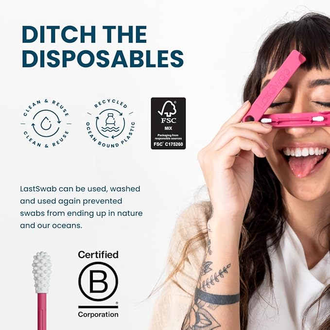 LastSwab™ Reusable Silicone Cotton Swabs for Ear Cleaning - Washable Q Tip & Ear Wax Remover Alternative to Single-Use - Zero Waste, Easy to Clean, Travel Case - Red