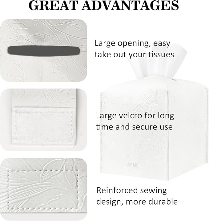 Tissue Box Holder Cover Square Tissue Cube Cover PU Leather Tissue Organizer with Bottom Belt for Bathroom, Tabletop, Kitchen, Night Stands, Office, Home, Car (2, White)