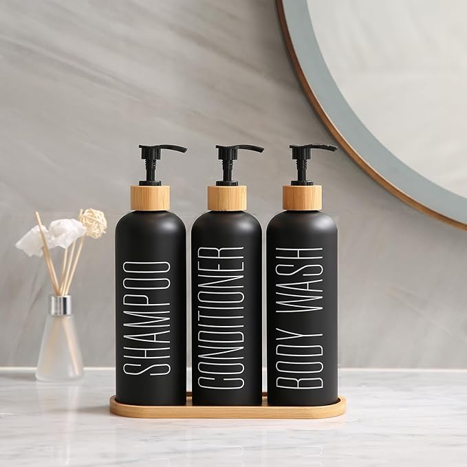 Prus Waso Shampoo and Conditioner Dispenser with Bamboo Pumps & Tray, Perfect for Bathroom Essentials for New Home (Black)