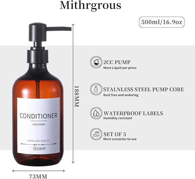 Mithrgrous Shampoo and Conditioner Bottles(5Pack),Shampoo Dispenser for Shower,Bottles Refillable with Pump,Bathroom Dispenser Sets(Amber)
