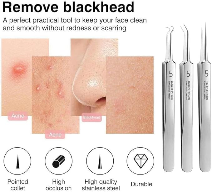 3 Pcs Silver Professional Blackhead Tweezer Professional Facial Blackhead Remover Tweezers Precision Extractor Acne Blemish and Blackhead Removal Tools l with Storage Box Skin Care Tools Accessories