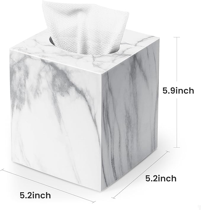 Tissue Box Cover, Square Facial Acrylic Tissue Holder with 2 Pack Clear Qtip Holder Dispenser, Bathroom Vanity Dresser Night Stand Essentials Accessories Decor, Modern Farmhouse Decor, Marble
