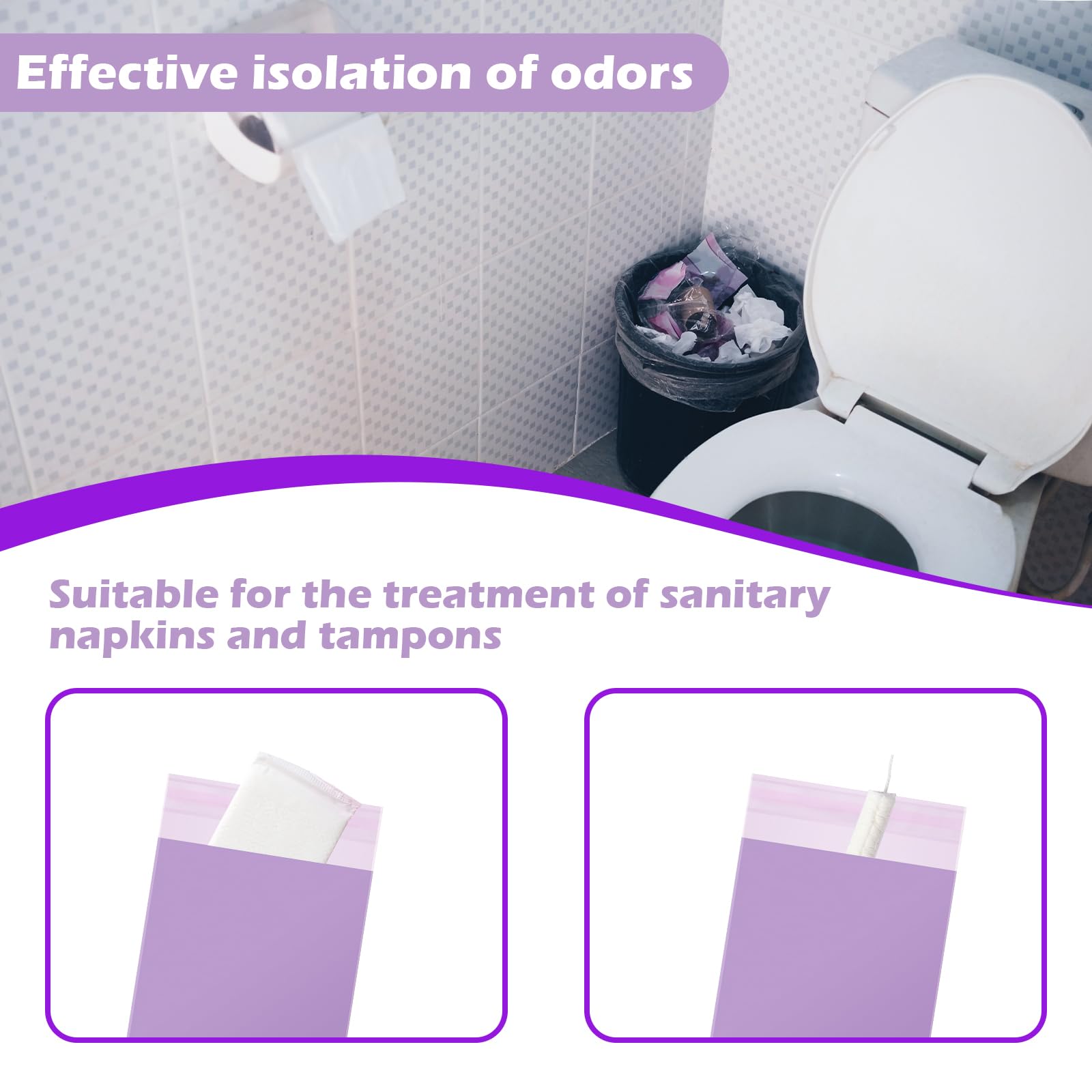 ZSMKJIAYE 200 Pcs Purple Sanitary Napkin Disposal Bags,Sealable Tampon Disposal Bags, Prevents Odours Thickened Size Feminine Hygiene Bag for Sanitary Napkins and Pads,Disposable Tampon