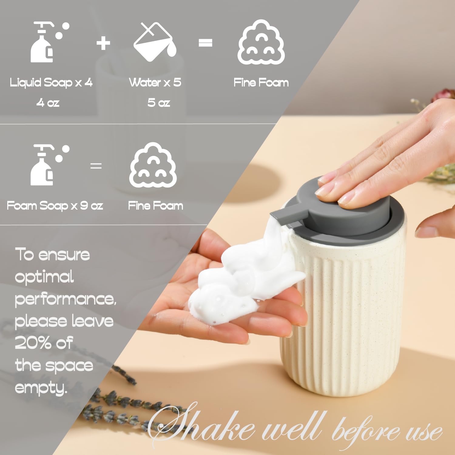 ABBI NIMO Beige Ceramic Foaming Soap Dispenser, Speckled Rippled 12 oz Bottle with Gray Silicone Pump, Foam Dispenser for Kitchen or Bathroom, Speckled Beige