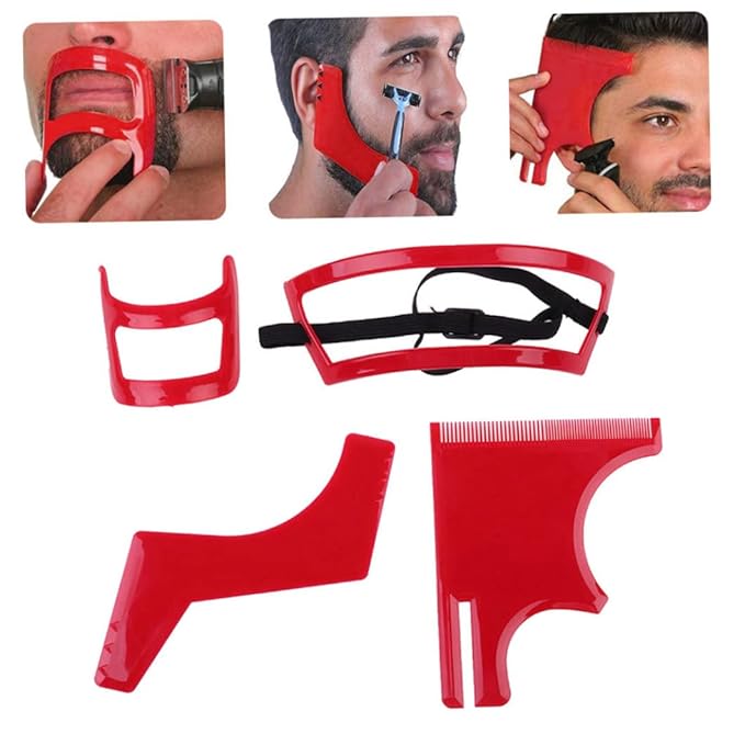Beard Shaping Tool Kit Neckline Shaving Template Guide Set for Men Hair Styling Red