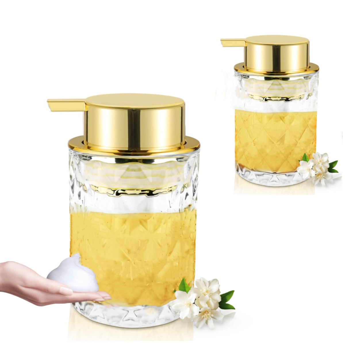 Glass Foaming Soap Dispenser Refillable Foaming Hand Soap Dispenser with Gold Large Pump Wide Opening for Bathroom Kitchen Countertop Modern Home Decor with Elegant Pattern - Clear
