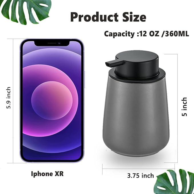 12Oz Hand Soap Dispenser Set - 2 Pack Ceramic Lotion Soap Dispenser Set with Easy-to-Press Black Pump, Refillable Mordern Liquid Dish Soap Dispensers for Bathroom & Kitchen (Grey, Liquid Pump)