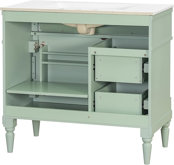 Harper & Bright Designs 36" Bathroom Vanity with Sink, Free Standing Bathroom Vanity Set with Flip Drawer, 2 Drawers, and Adjustable Shelf, Wood Storage Cabinet with Ceramic Basin for Bathroom, Green