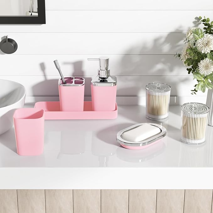 XLHOMO Bathroom Set, 9PC Bathroom Accessory Set, Pink Bathroom Accessories, Pink Bathroom Set, Trash Can, Soap Dispenser for Home Decor