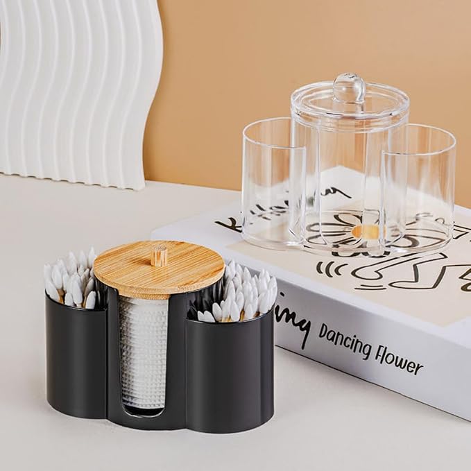 3-in-1 Q-Tip Holder for Bathroom – Premium Vanity Organizer Canister with Dustproof Lid for Cotton Swabs, Balls and Pads, Countertop Storage Container（Clear）