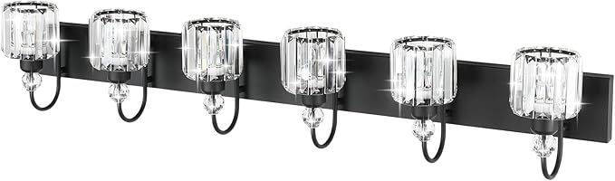 Ralbay Modern 6-Light Black Crystal Vanity Lights for Bathroom - Matte Black Crystal Wall Light Fixtures