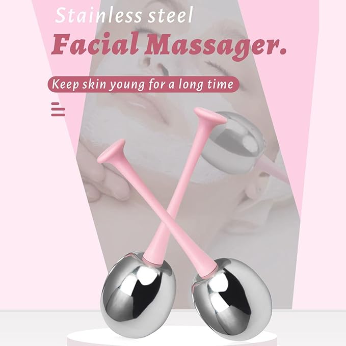 Glomora 2pcs Facial Ice Globes Stainless Steel Facial,Massage Reduce Puffiness Eliminate Fine Lines Ice Globes Cryo Sticks for Skin Care,Targets Dark Circles,Puffiness,Wrinkles (Pink Handle)