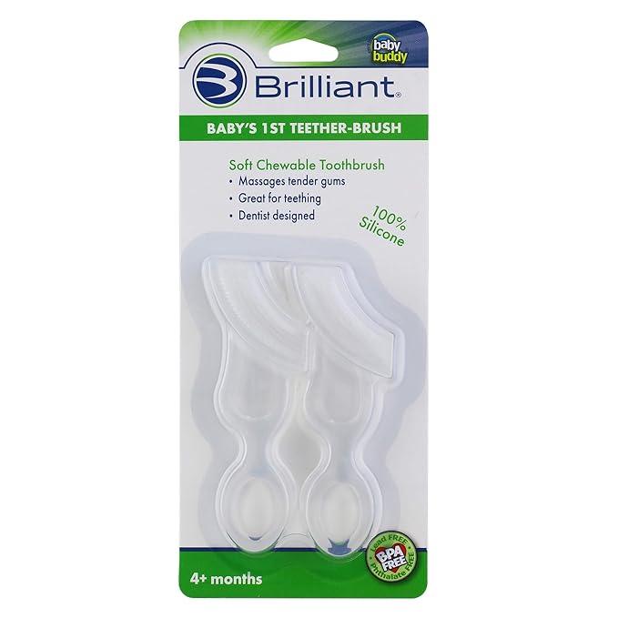 Brilliant Oral Care Baby’s First Toothbrush, Smooth Silicone Bristles Gently Clean Tender Teeth and Gums, for Ages 4+ Months, Clear, 2 Pack