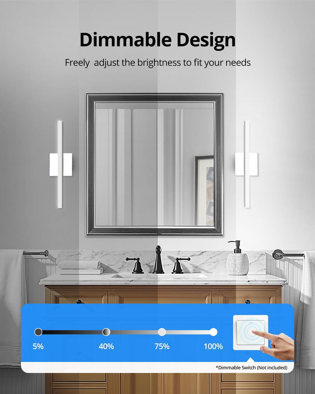 Combuh Dimmable Vanity Light Bar, 9W Over Mirror Lighting Fixture Wall Sconce Indoor, IP44 Modern Cool White 6000K Chrome Lamp Bathroom,16Inch