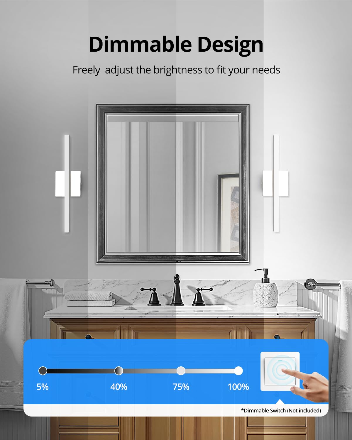 Combuh Dimmable Vanity Light Bar, 9W Over Mirror Lighting Fixture Wall Sconce Indoor, IP44 Modern Cool White 6000K Chrome Lamp Bathroom,16Inch