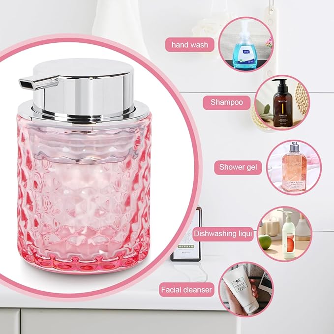 Fvstar 10 Oz Glass Hand Soap Dispenser with Pump, Refillable Bathroom Gold Foaming Soap Dispenser, Vintage Glass Diamond Lotion Container Bottle for Bathroom and Kitchen (1, Pink and Silver)