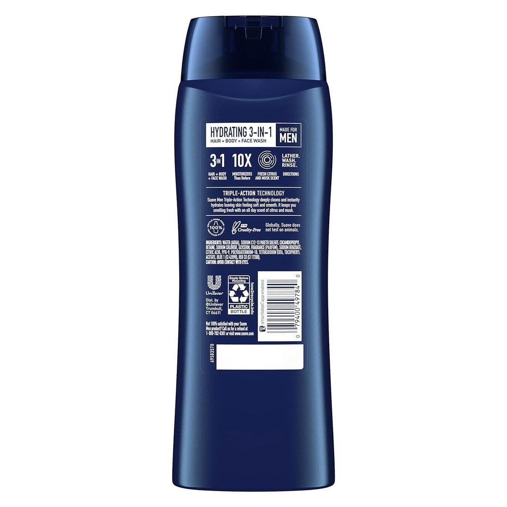 Suave Men Moisturizing Body, Face and Hair Wash, 3-in-1 For Hydrated Skin and Hair, Citrus & Musk scent, No Parabens, No Phtahaltes, 18 Oz Pack of 6