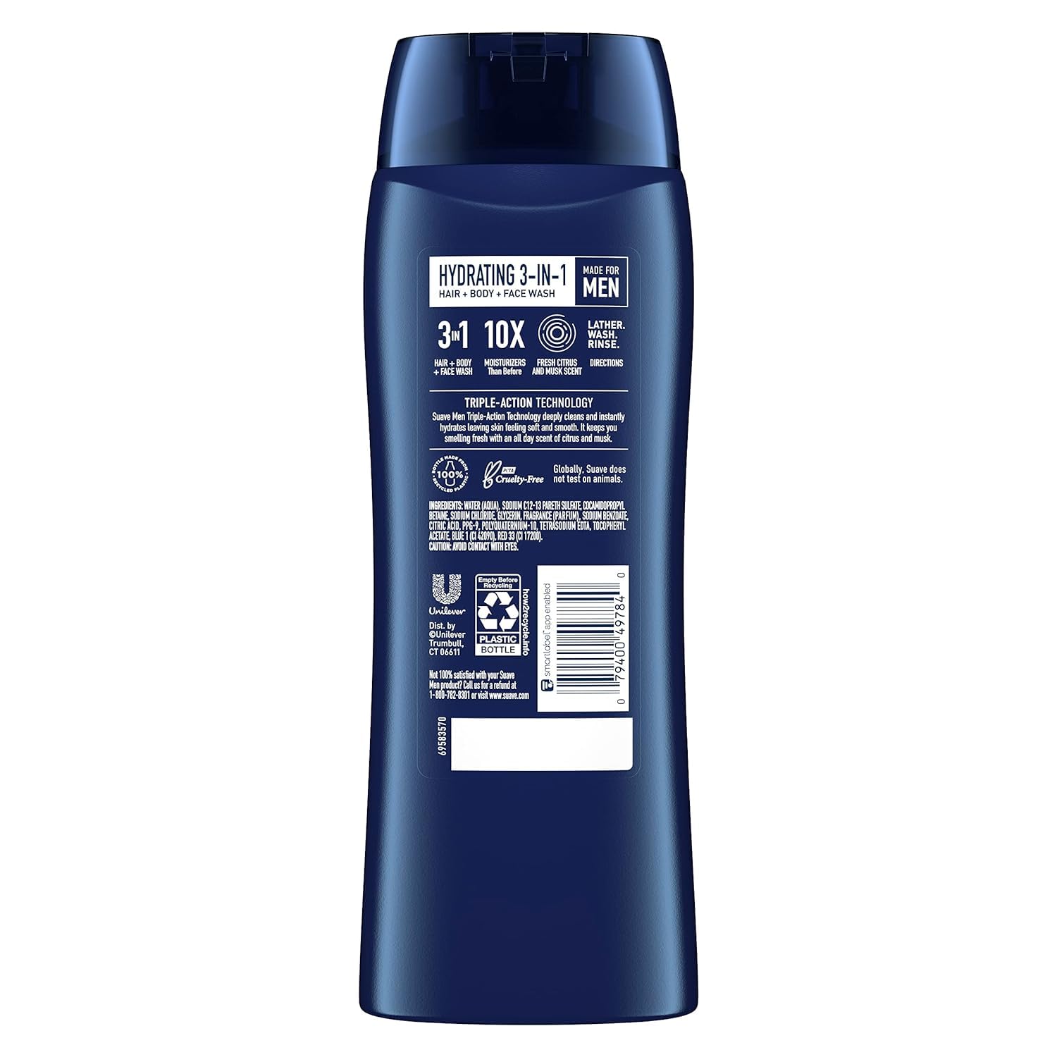 Suave Men Moisturizing Body, Face and Hair Wash, 3-in-1 For Hydrated Skin and Hair, Citrus & Musk scent, No Parabens, No Phtahaltes, 18 Oz Pack of 6
