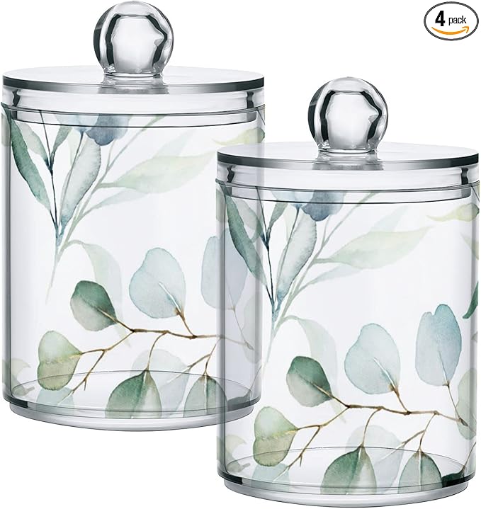 4 Pack Qtip Holder Dispenser Watercolor Green Eucalyptus Leaves Cotton Ball Cotton Swab Round Pads Floss Clear Bathroom Storage Containers Plastic Apothecary Jars with Lids