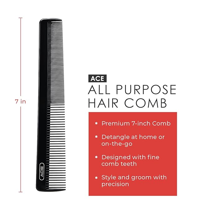 GOODY ACE ACE All Purpose Hair Comb - 7 Inch, Black - Great for All Hair Types - Fine Comb Teeth for Thin to Medium-hair,61286, 1 Count (Pack of 3)